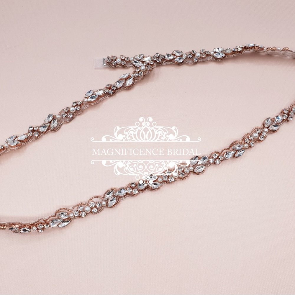 Rose Gold Rhinestone Pearl & Crystal Belt 36.25”